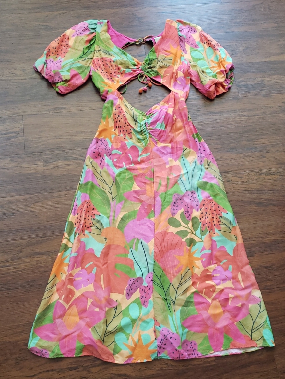 FARM Rio Pink Tropical Maxi Dress Size S Open Back Summer Vacation Boho Flawed